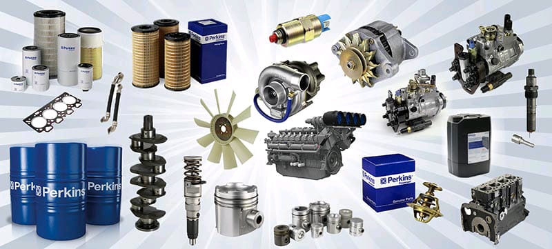 Collage of genuine generator servicing parts: filters, turbochargers, fuel injection pumps, engine components and Perkins parts